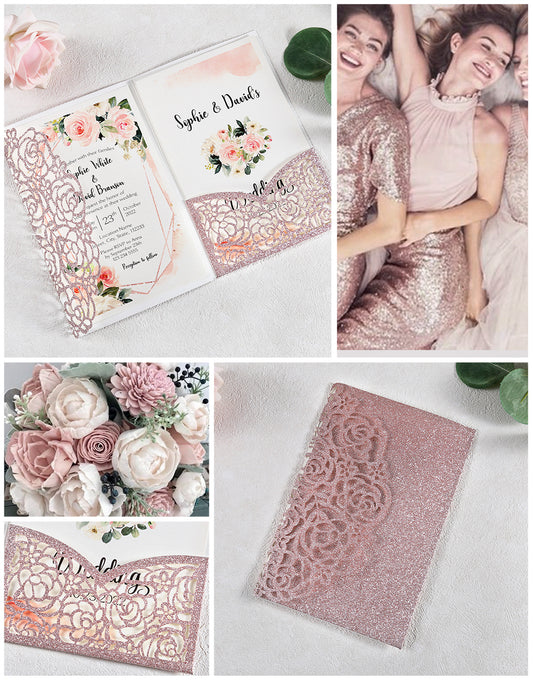 4.7 x7 inch Rose Gold Laser Cut Hollow Rose Wedding Invitations Cards with Glitter Pockets and Envelopes for Wedding Bridal Shower