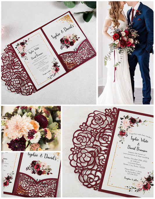 4.7 x7 inch Burgundy Laser Cut Hollow Rose Wedding Invitations Cards with Pearlized Pockets and Envelopes for Wedding Bridal Shower