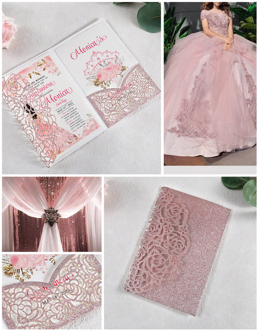 4.7 x7 inch Rose Gold Glitter Laser Cut Hollow Rose Quinceanera Invitations Cards with Glitter Pockets and Envelopes for Quincenera Birthday Party