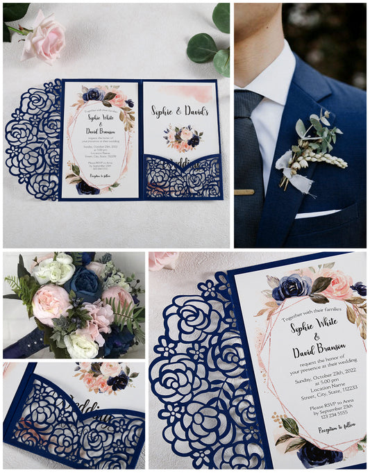 4.7 x7 inch Blue Laser Cut Hollow Rose Wedding Invitations Cards with Pearlized Pockets and Envelopes for Wedding Bridal Shower