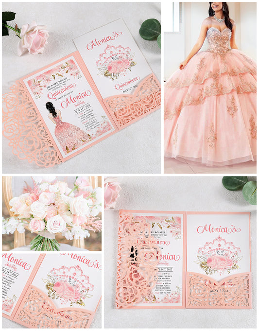 4.7 x7 inch Pink Laser Cut Hollow Rose Wedding Invitations Cards with Pearlized Pockets and Envelopes for Wedding Bridal Shower