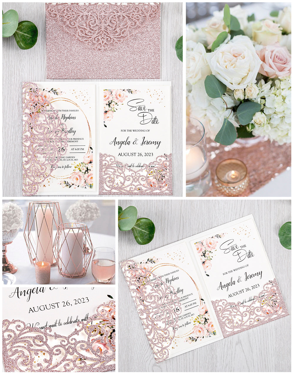 4.7 x7 inch Rose Gold Glitter Laser Cut Hollow Rose Wedding Invitations Cards with Glitter Pockets and Envelopes for Wedding Party