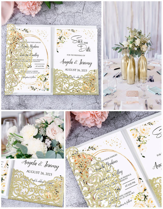4.7 x7 inch Gold Glitter Laser Cut Hollow Rose Wedding Invitations Cards with Glitter Pockets and Envelopes for Wedding Party
