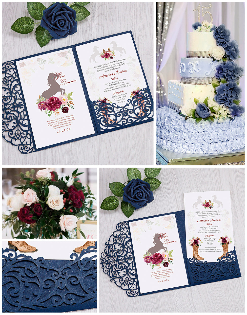 4.7 x7 inch Blue Laser Cut Hollow Rose Quinceanera Invitations Cards with Envelopes for Birthday Sweet 16