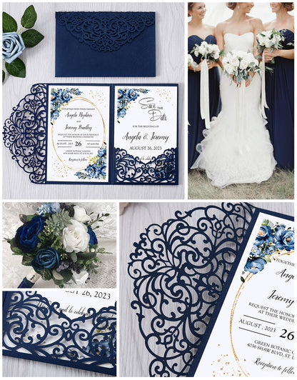 4.7 x7 inch Blue Laser Cut Hollow Rose Wedding Invitations Cards with Envelopes for Wedding Party - DorisHome