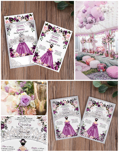 DreamBuilt Silver Glitter Invitations Purple Greeting Cards For Quinceanera - DorisHome