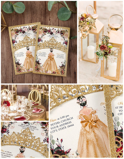 Gold Glitter Invitations Greeting Cards For Quinceanera - DorisHome
