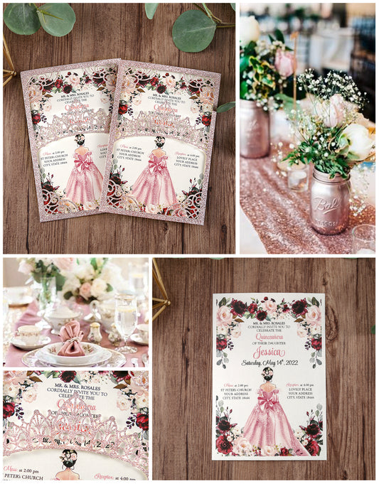 Rose Gold Glitter Invitations Greeting Cards For Quinceanera