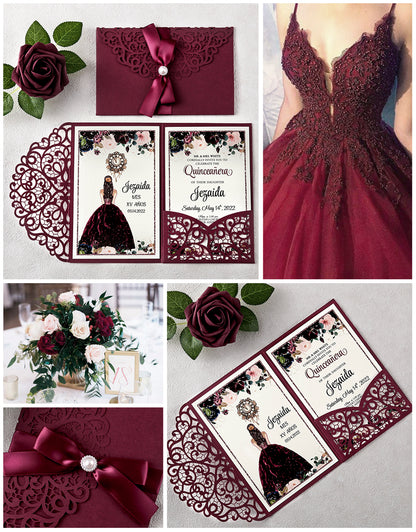 4.7 x7 inch Burgundy Laser Cut Hollow Rose Quinceanera Invitations Cards with Envelopes for Quinceanera Party
