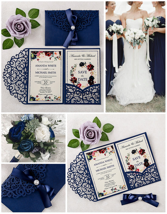 4.7 x7 inch Blue Laser Cut Hollow Rose Wedding Invitations Cards with Envelopes for Wedding Party
