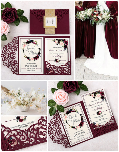 DreamBuilt 4.7 x7 inch Burgundy Laser Cut Wedding Invitations With Envelopes Kit Hollow Rose Pocket And Gold Glitter Belly Band for Wedding Bridal Shower Engagement Invite