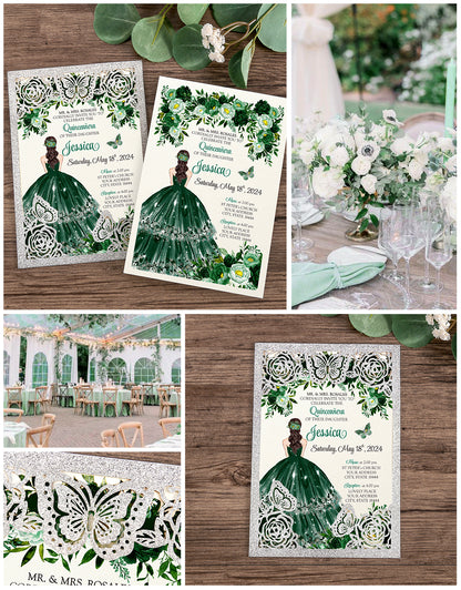 Silver with Hollow Butterflies Invitations Greeting Cards For Quinceanera