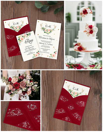 Vertical Laser Cut Wedding Invitation with Red Hollow Flora - DorisHome