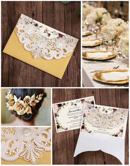 Gold Hollow Flora Laser Cut Invitation Cards ,Invitations - DorisHome