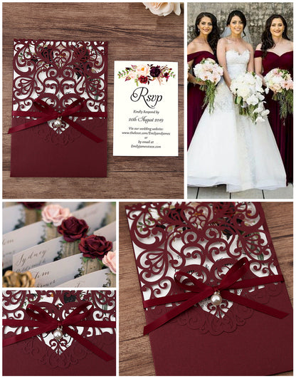 DreamBuilt Burgundy Floral Laser cut invitation cards with ribbon bellyb band and pearl for wedding - DorisHome