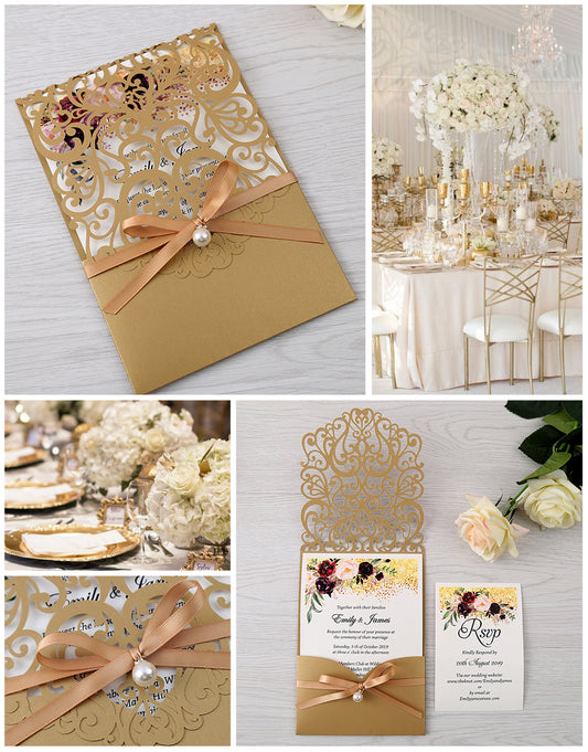 Gold Floral Laser Cut Invitation Card With Belly Band And Pearl For Wedding Anniversary