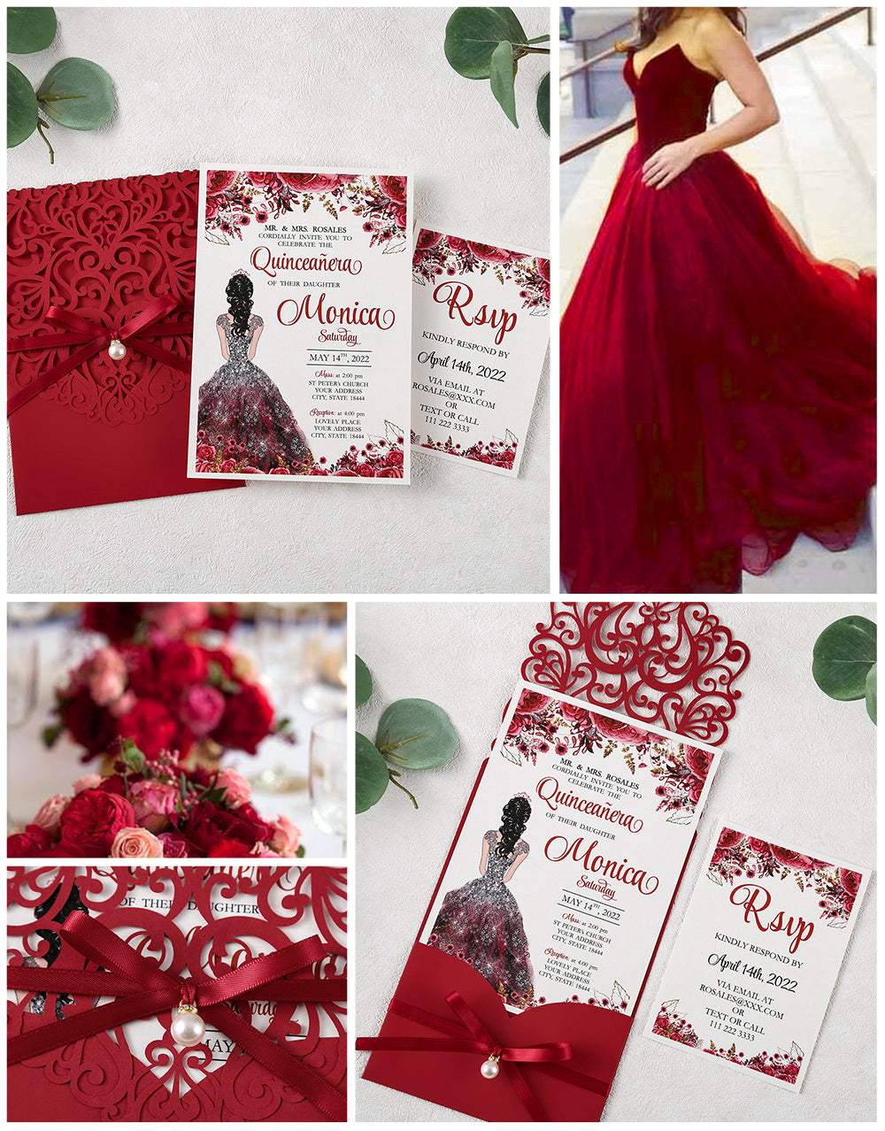 Red Floral Laser cut invitation cards with ribbon belly band and pearl for Quinceanera