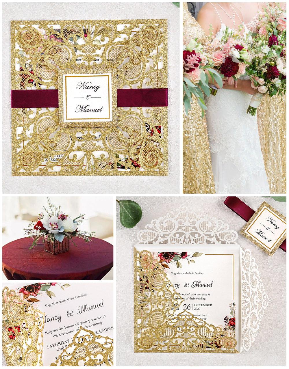 Square Gold Glitter Wedding Invitations with Glitter Belly Band for Wedding