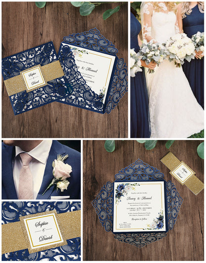 DreamBuilt Square Blue Wedding Invitations with Glitter Belly Band for Wedding - DorisHome