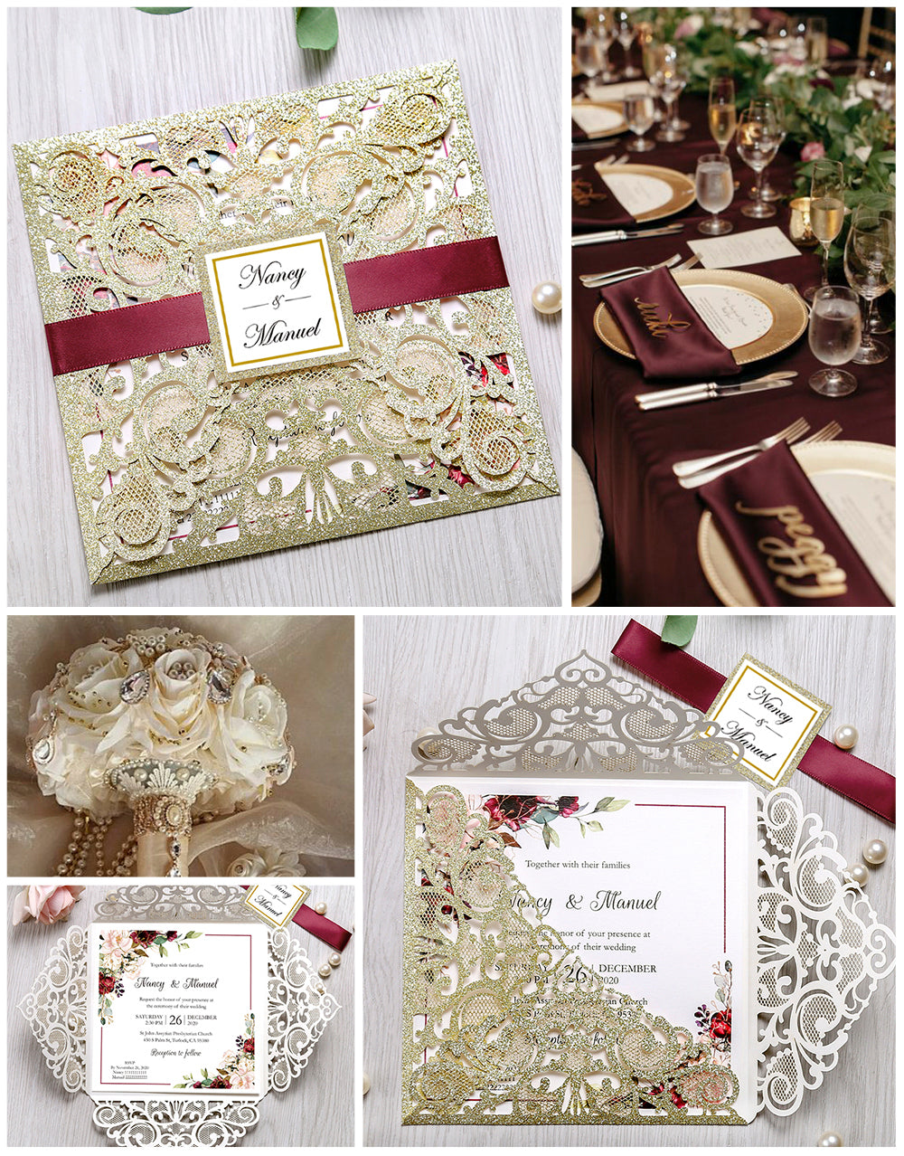 Square Glitter Gold Wedding Invitations with Burgundy Ribbon Belly Band for Wedding