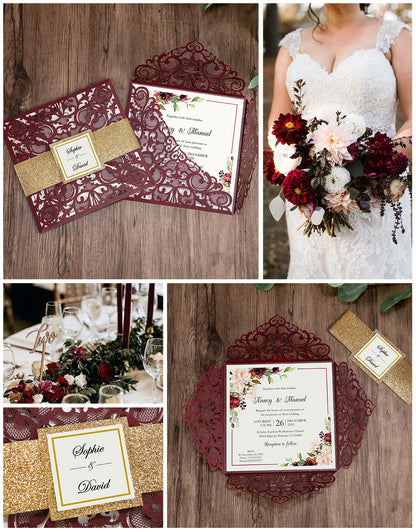 DreamBuilt Square Burgundy Wedding Invitations with Gold Glitter Belly Band for Wedding - DorisHome