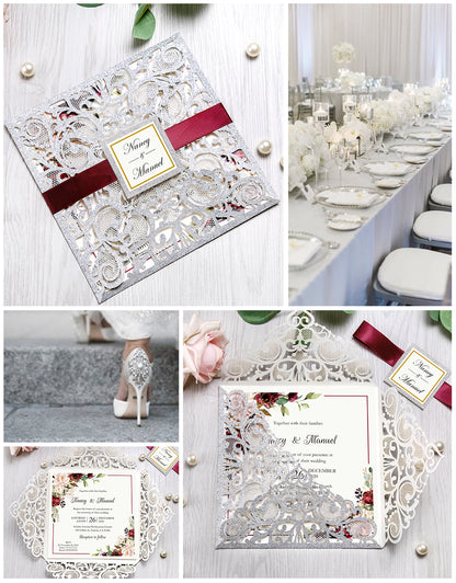 DreamBuilt Square Glitter Sliver Wedding Invitations with Burgundy Ribbon Belly Band for Wedding - DorisHome