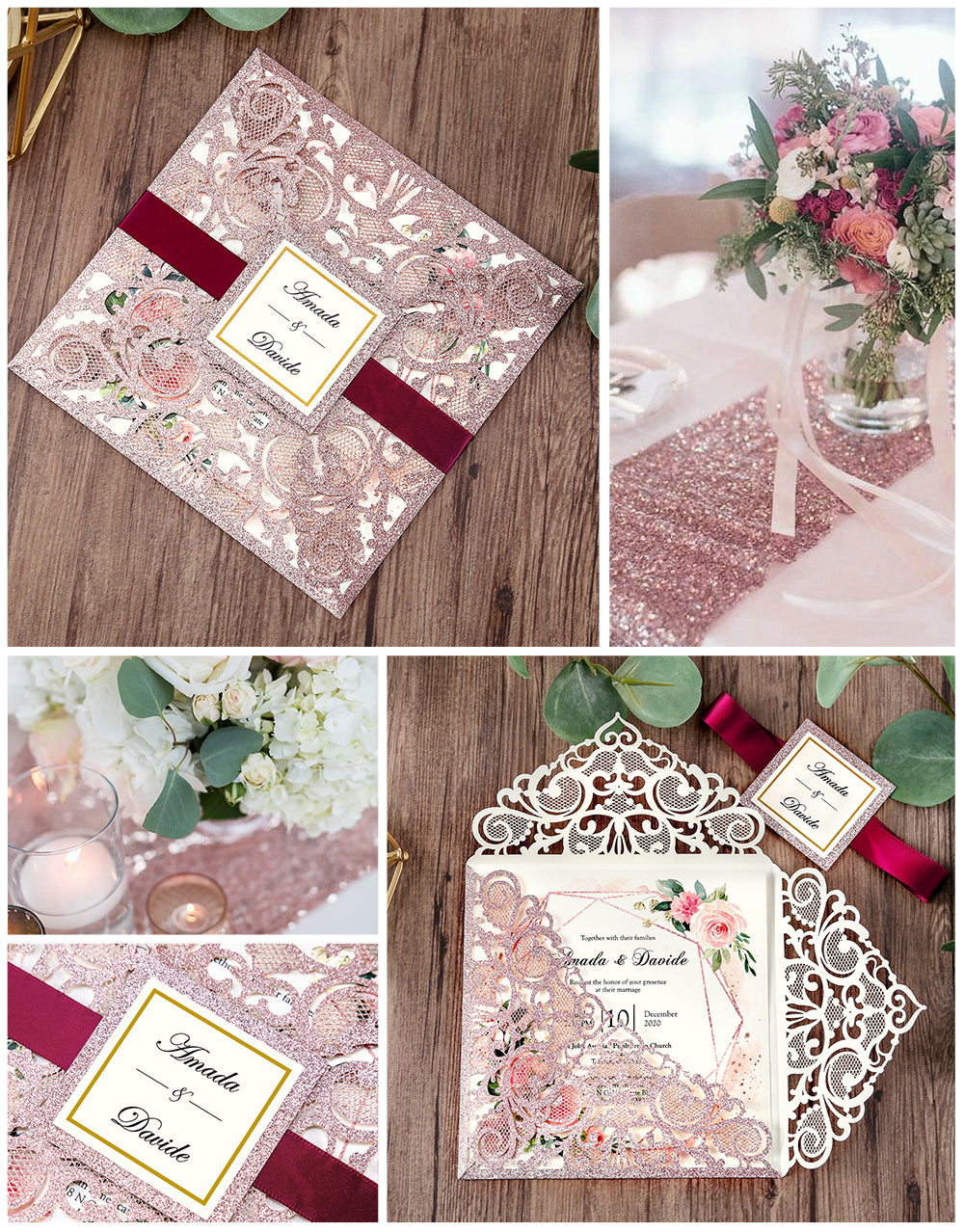 Square Rose Gold Glitter Wedding Invitations with Glitter Belly Band for Wedding
