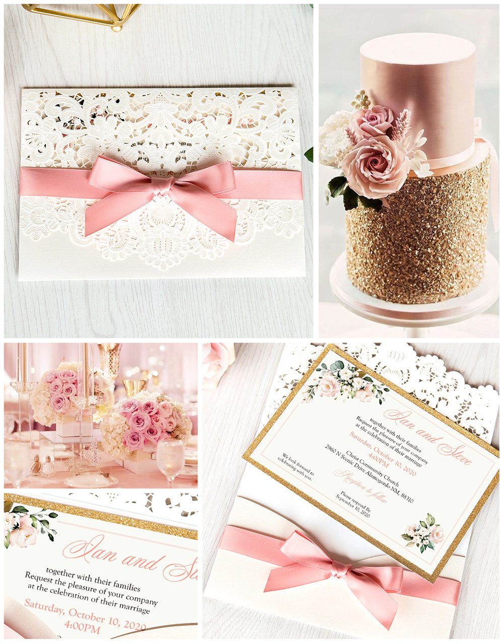 White Hollow Flora Laser Cut Invitations with Gold Glitter Border and Pink Ribbons for wedding,bridal shower