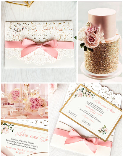White Hollow Flora Laser Cut Invitations with Gold Glitter Border and Pink Ribbons for wedding,bridal shower - DorisHome