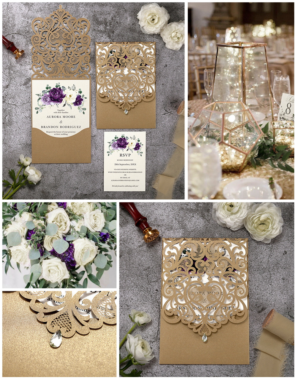 Vertical Purple Floral Laser cut invitations for Wedding Anniversary