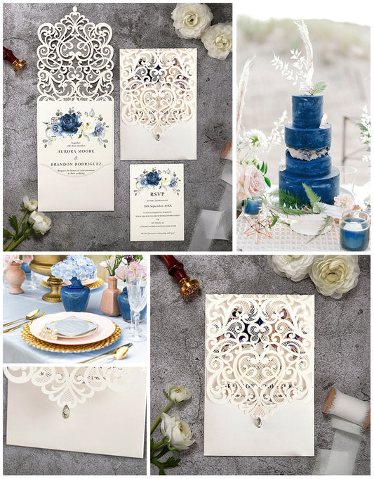 Vertical Blue Floral Laser cut invitations for Wedding Anniversary