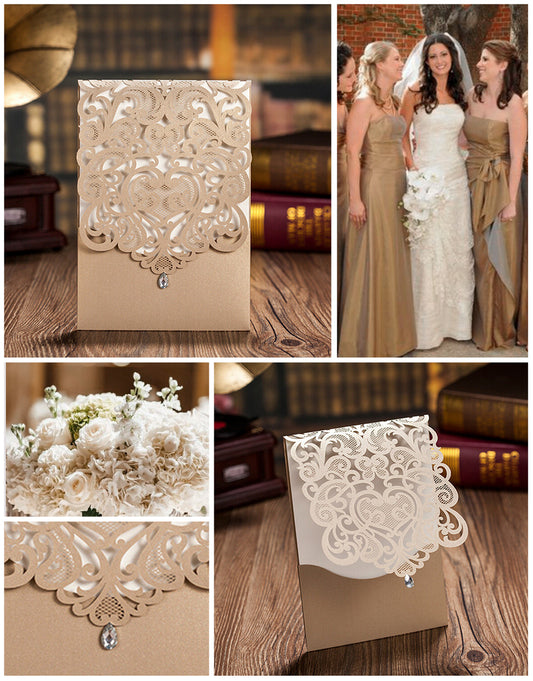 Vertical Gold Classic Style Wedding Invitations Cards With Rhinestone