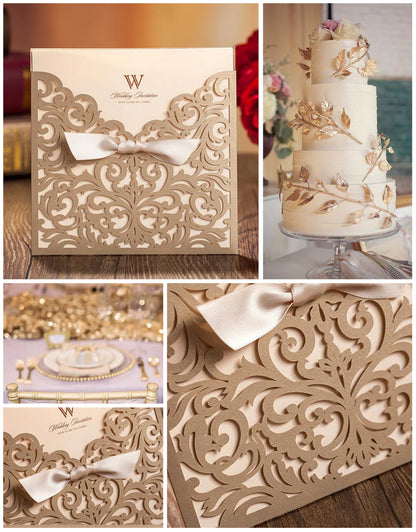 Gold Laser Cut Beige Ribbon Wedding Invitation,Invitations - DorisHome