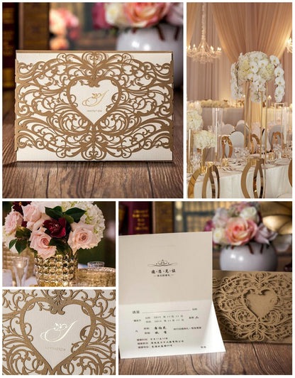 Gold Lace Cut Wedding Invitation Cards,Invitations - DorisHome
