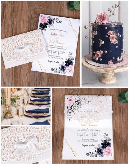 Ivory White Laser Cut Flower with Bowknot Wedding Invitations,Invitations - DorisHome