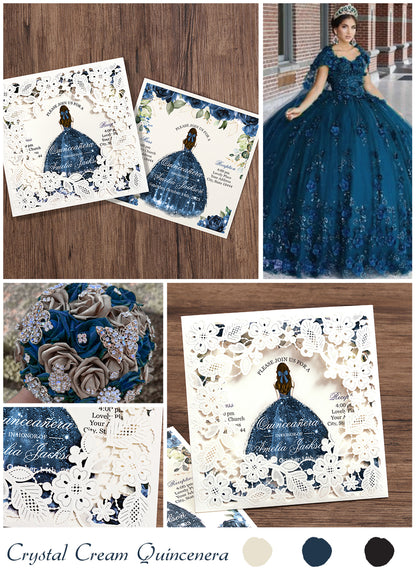 Customized Quinceanera Invitation Navy Blue, Elegant 15 years Invitations Sweet 16, Miss XV, Birthday Laser Cut Quince Invitation Cards White Personalized - DorisHome