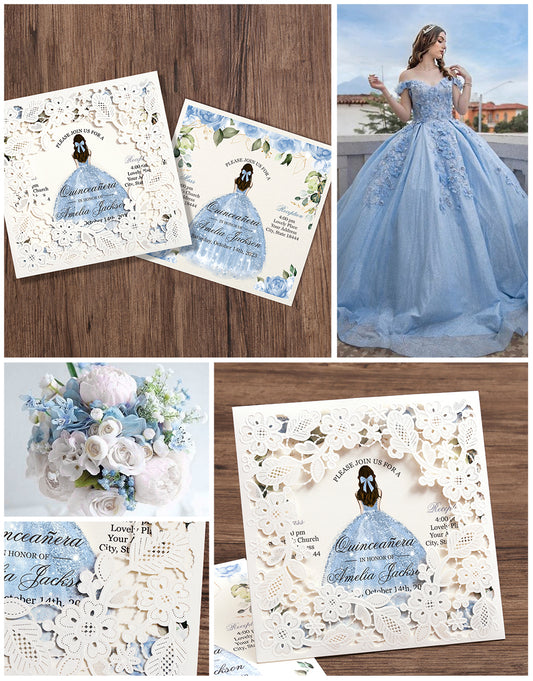 Customized Quinceanera Invitation Dusty Blue, Elegant 15 years Invitations Sweet 16, Miss XV, Birthday Laser Cut Quince Invitation Cards White Personalized