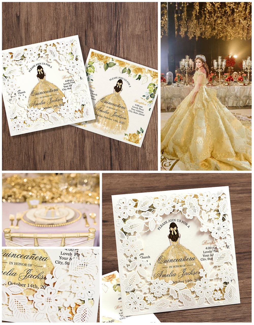 Customized Quinceanera Invitation Gold, Elegant 15 years Invitations Sweet 16, Miss XV, Birthday Laser Cut Quince Invitation Cards White Personalized