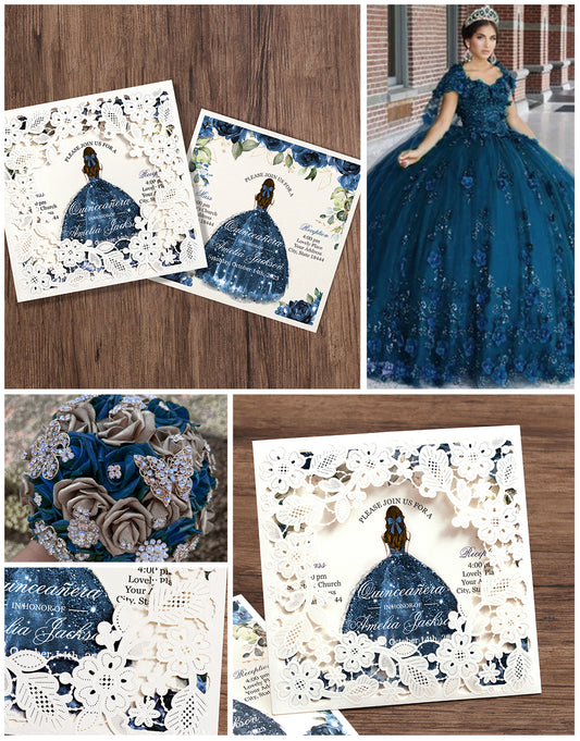Customized Quinceanera Invitation Navy Blue, Elegant 15 years Invitations Sweet 16, Miss XV, Birthday Laser Cut Quince Invitation Cards White Personalized