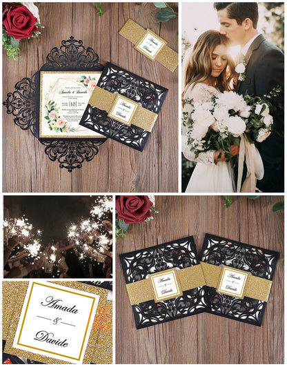 Square Black Laser Cut Lace Flower Invitations Cards - DorisHome