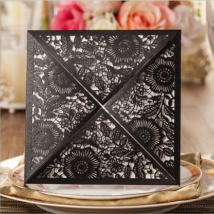 Square Black Lase-cut Lace Flower Pattern Wedding Invitations