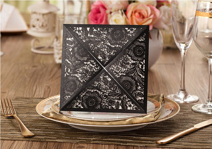 Square Black Lase-cut Lace Flower Pattern Wedding Invitations