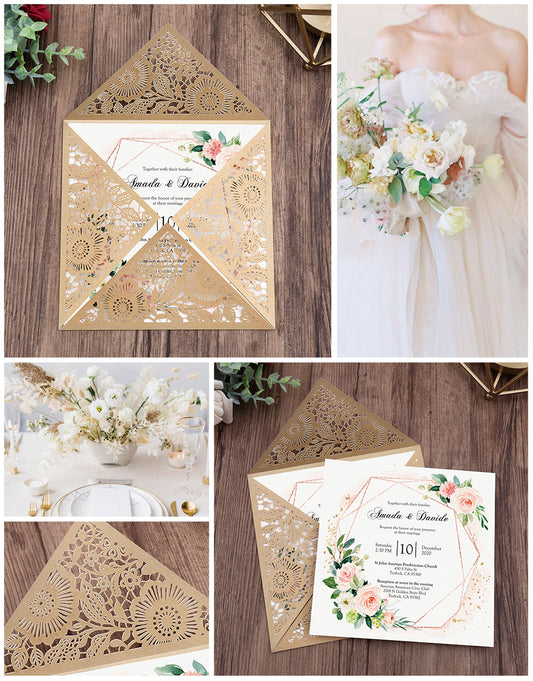 Square Gold Lase-cut Lace Flower Pattern Wedding Invitations