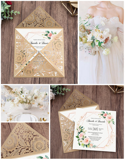 Square Gold Lase-cut Lace Flower Pattern Wedding Invitations - DorisHome