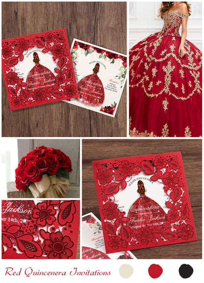 Customized Quinceanera Invitation Red, Elegant 15 years Invitations Sweet 16, Miss XV, Birthday Laser Cut Quince Invitation Cards Red Personalized
