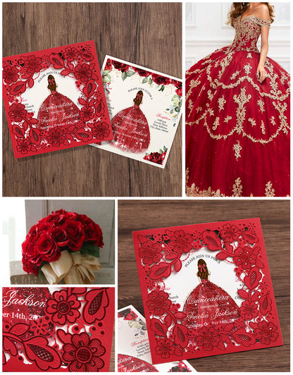 Customized Quinceanera Invitation Red, Elegant 15 years Invitations Sweet 16, Miss XV, Birthday Laser Cut Quince Invitation Cards Red Personalized