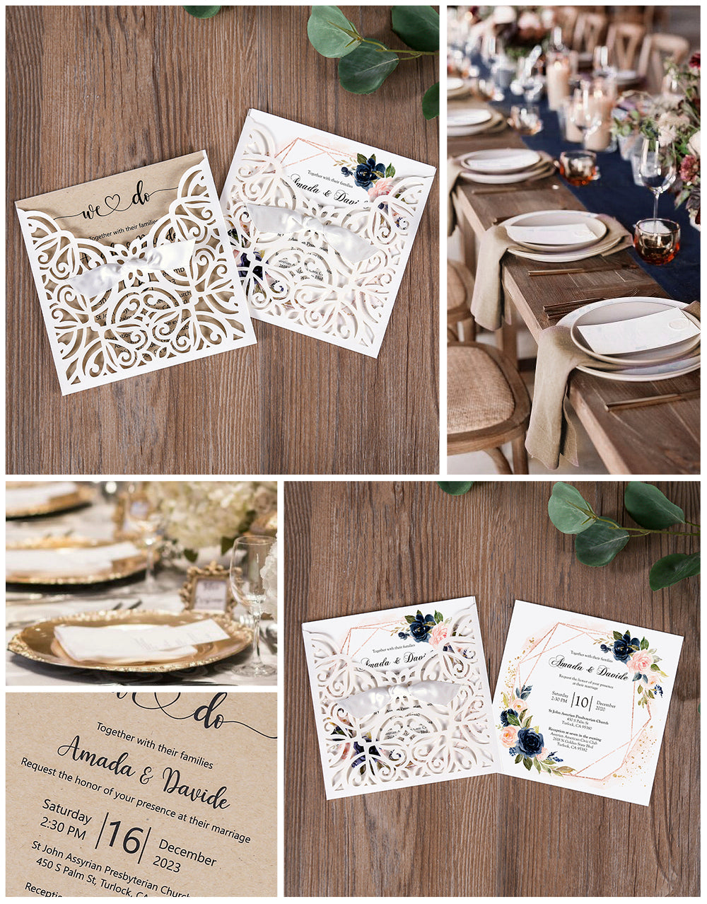 Lace Bowknot Vintage Laser Cut Wedding Invitation White Hollow-out Flowers