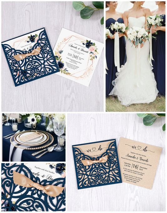 Lace Bowknot Vintage Laser Cut Wedding Invitation Blue Hollow-out Flowers