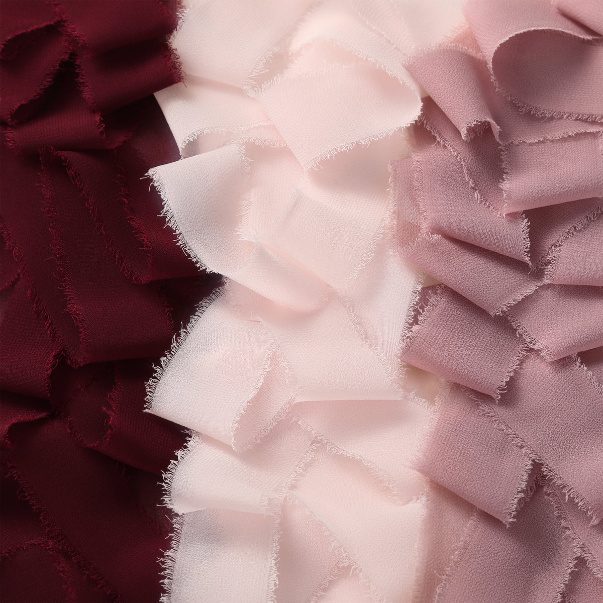 Handmade Fringe Chiffon Silk-Like Ribbon 2" x 7Yd Set of 3 Rolls Ribbons for Wedding Invitations, Bouquets, Gift Wrapping (3 Rolls Burgundy/Mauve/Pink)