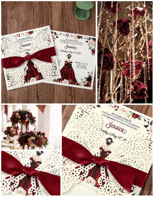 Square Invitations Cards With Burgundy Ribbon For Quinceanera